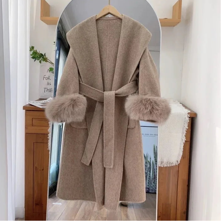 Long Double-sided Coat with Fur Detail