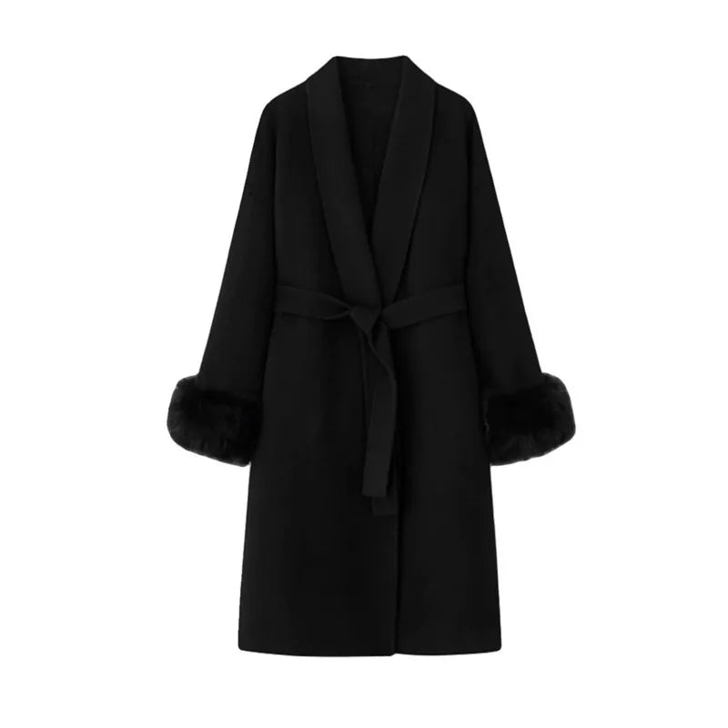 Long Double-sided Coat with Fur Detail