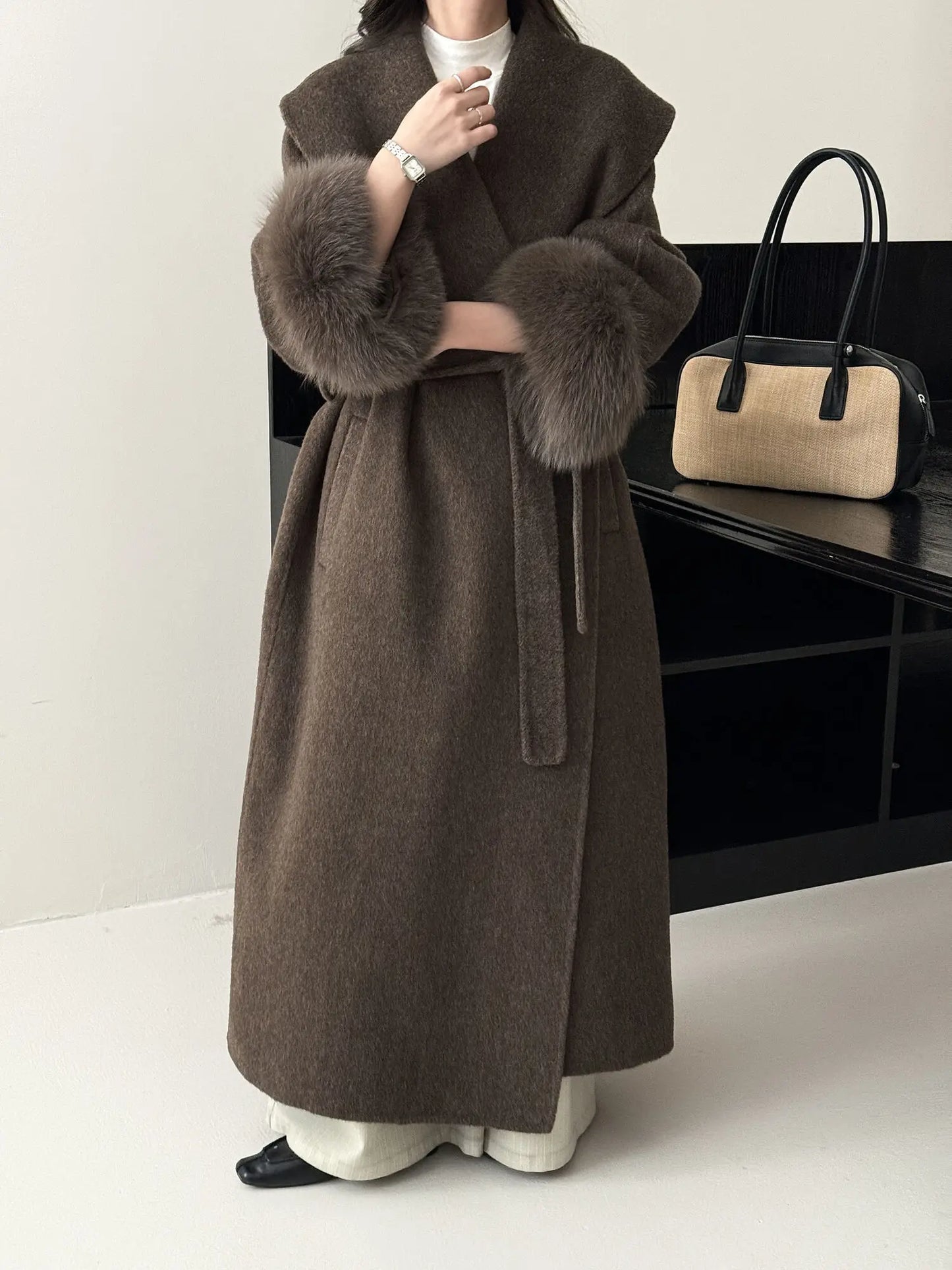 Long Double-sided Coat with Fur Detail