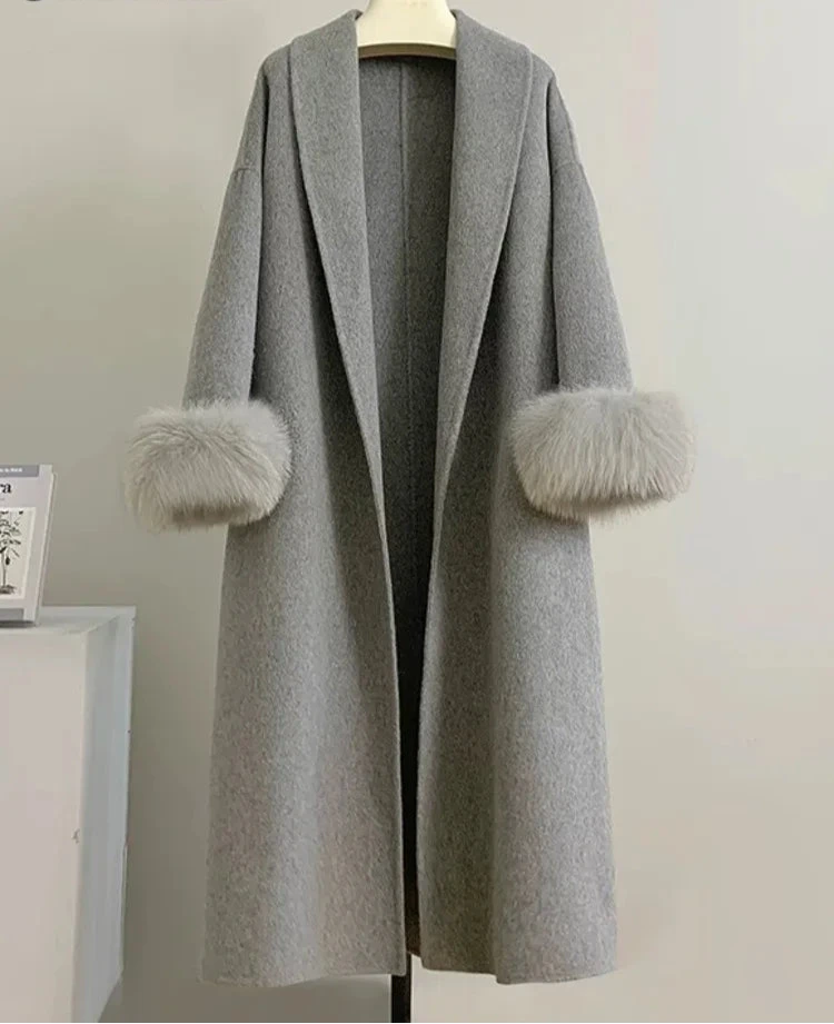 Long Double-sided Coat with Fur Detail