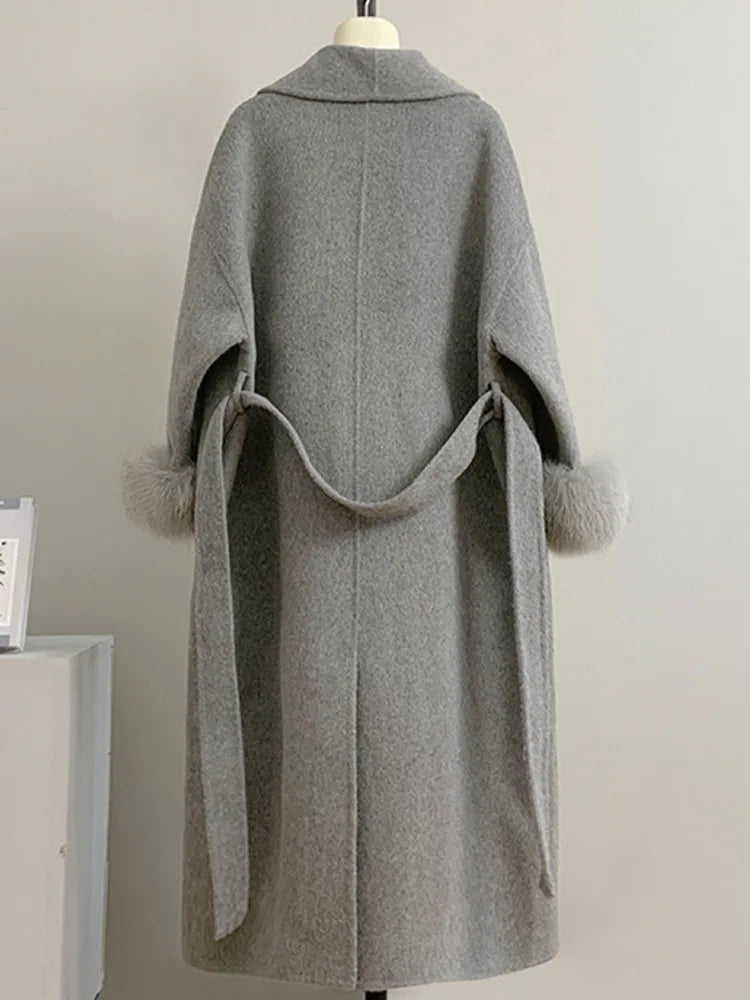 Long Double-sided Coat with Fur Detail