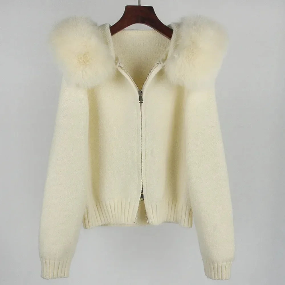 Casual Hooded Fur Knitted Jacket