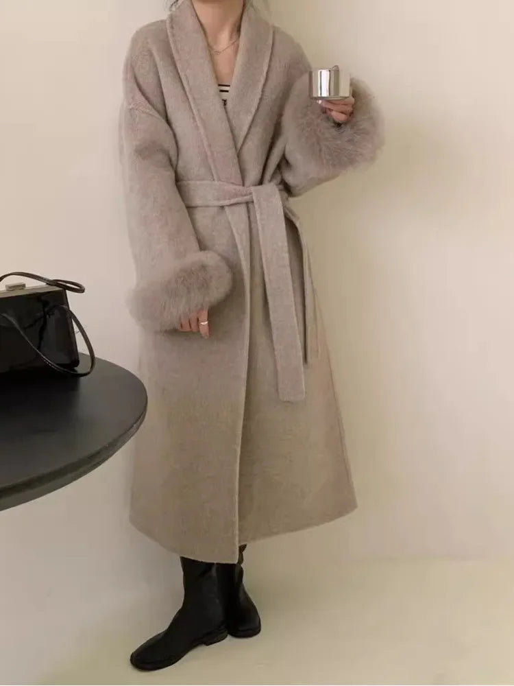 Long Double-sided Coat with Fur Detail