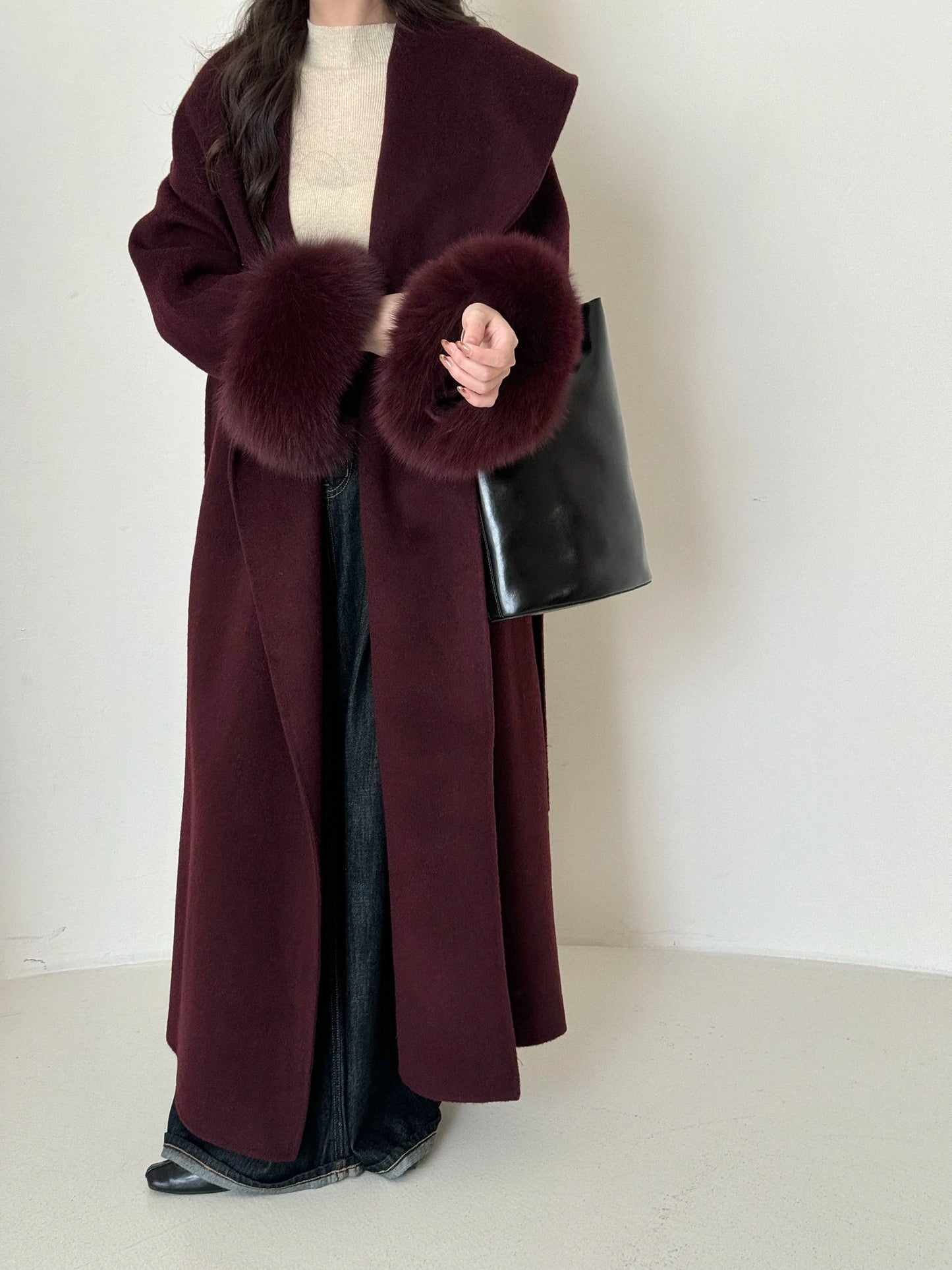 Long Double-sided Coat with Fur Detail