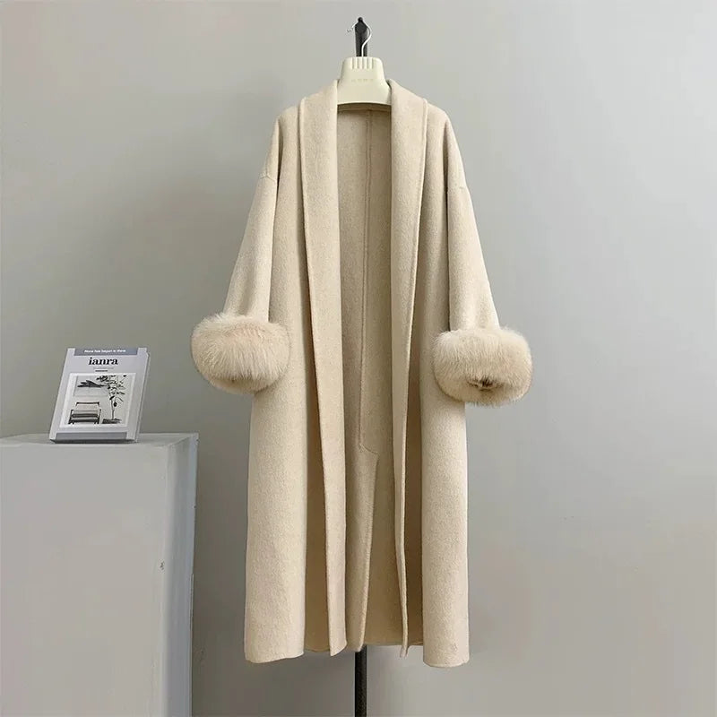 Long Double-sided Coat with Fur Detail