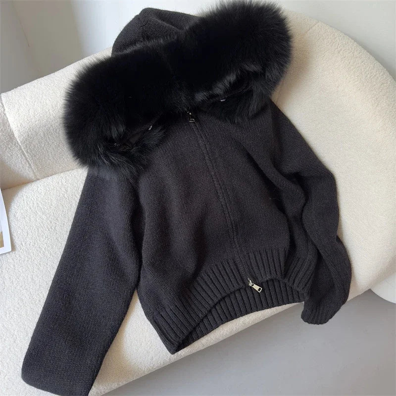 Casual Hooded Fur Knitted Jacket