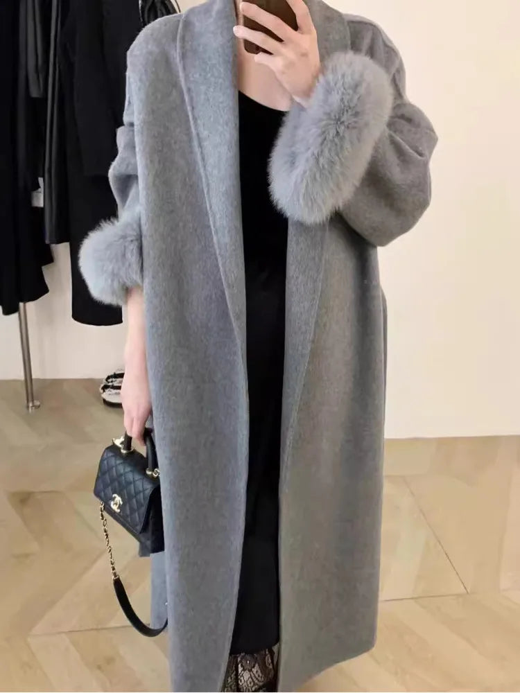 Long Double-sided Coat with Fur Detail