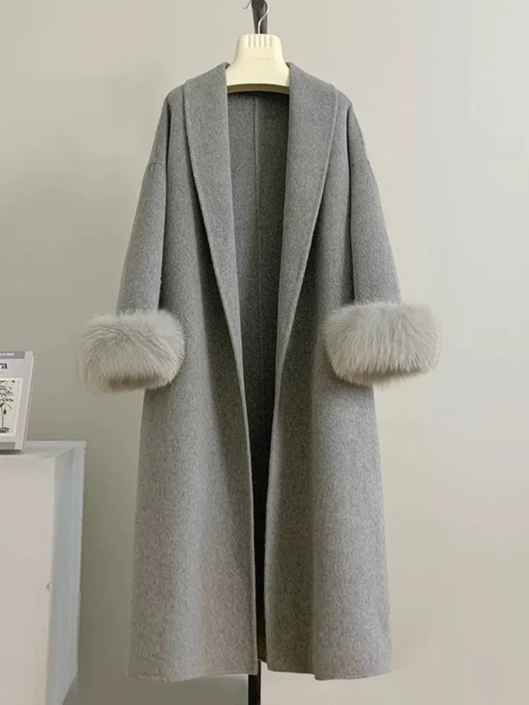 Long Double-sided Coat with Fur Detail